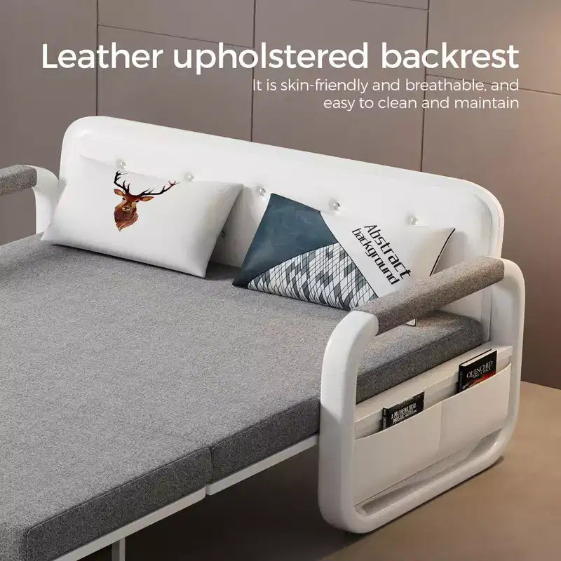 Luck Live Canapés de patio modernes de 158 cm, canapé-lit extérieur extensible, cadre en bois massif et métal blanc/coussin gris avec fonction de rangement