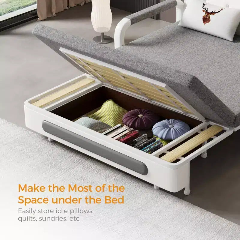 Luck Live Canapés de patio modernes de 158 cm, canapé-lit extérieur extensible, cadre en bois massif et métal blanc/coussin gris avec fonction de rangement