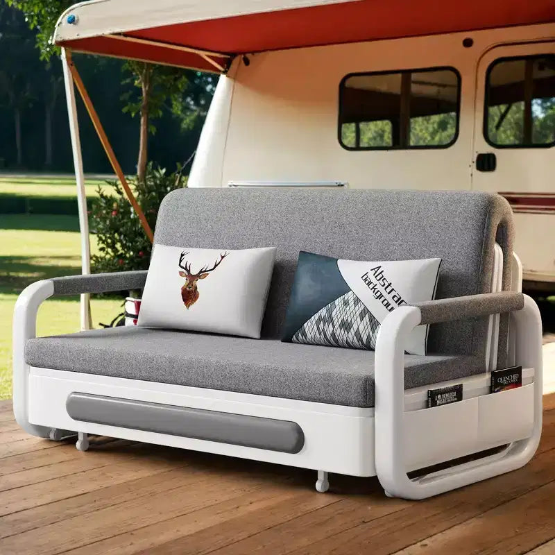 Luck Live Modern Patio Sofas 62.2in extendable pull Outdoor Sofa bed,Solid wood & White metal frame/Gray cushion with storage function