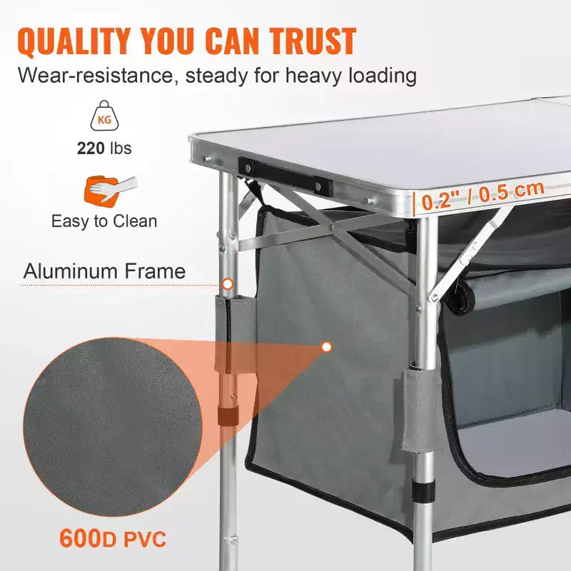 Table de cuisine de camping VEVOR, table de camping pliante à montage rapide avec sac de transport, 3 hauteurs réglables, table de camping en MDF