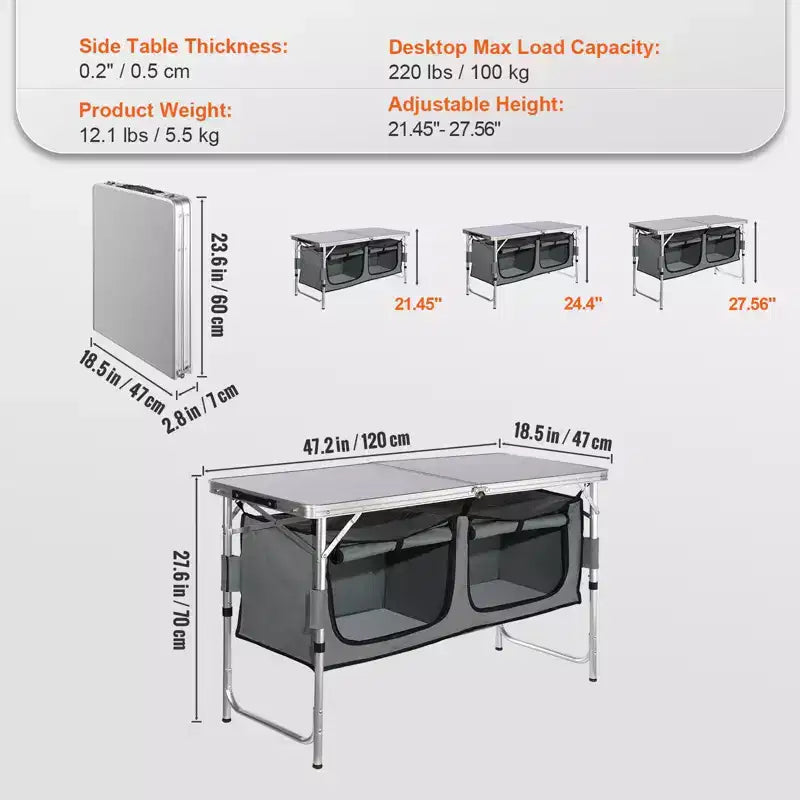 Table de cuisine de camping VEVOR, table de camping pliante à montage rapide avec sac de transport, 3 hauteurs réglables, table de camping en MDF