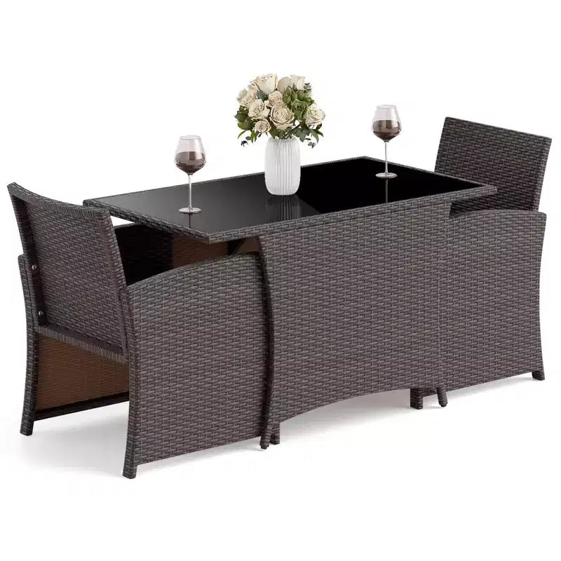 Costway Ensemble bistrot 3 pièces en osier avec table à manger en verre trempé pour balcon