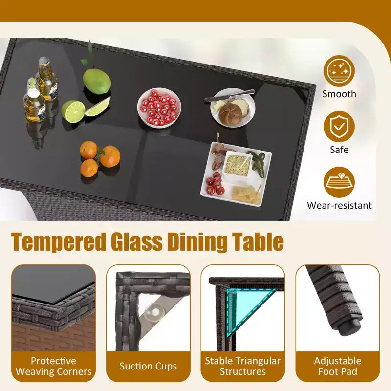 Costway Ensemble bistrot 3 pièces en osier avec table à manger en verre trempé pour balcon