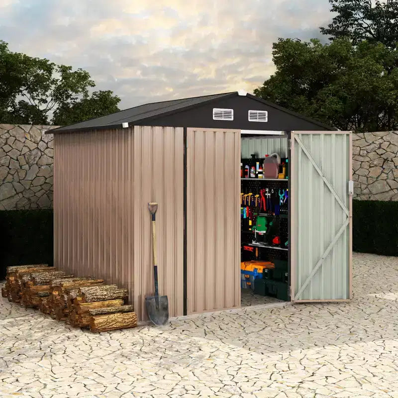 Abri de jardin en métal de 1,8 x 2,4 m avec porte verrouillable, abris utilitaires avec aération pour arrière-cour, jardin, terrasse, pelouse