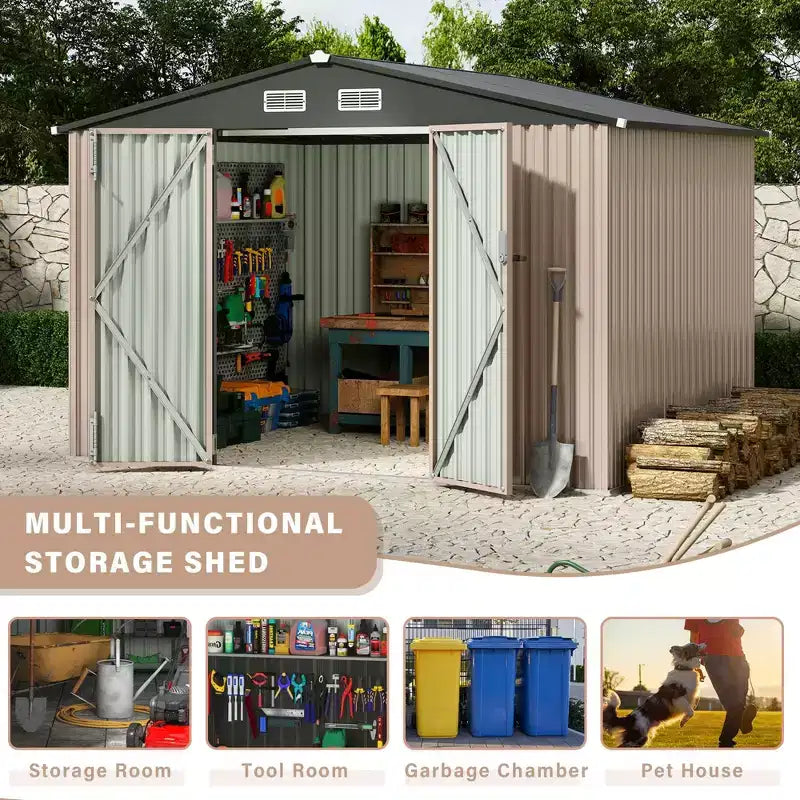Abri de jardin en métal de 1,8 x 2,4 m avec porte verrouillable, abris utilitaires avec aération pour arrière-cour, jardin, terrasse, pelouse