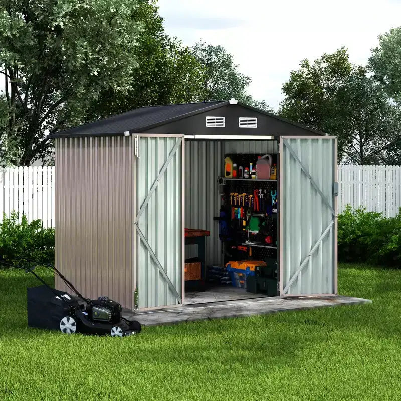 Abri de jardin en métal de 1,8 x 2,4 m avec porte verrouillable, abris utilitaires avec aération pour arrière-cour, jardin, terrasse, pelouse