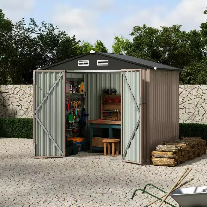 Abri de jardin en métal de 1,8 x 2,4 m avec porte verrouillable, abris utilitaires avec aération pour arrière-cour, jardin, terrasse, pelouse