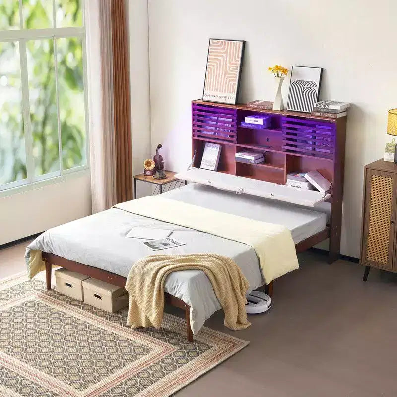 Karl Home - Cadre de lit de luxe en bois marron taille Full, lit plateforme avec tête de lit tapissée LED et station de recharge