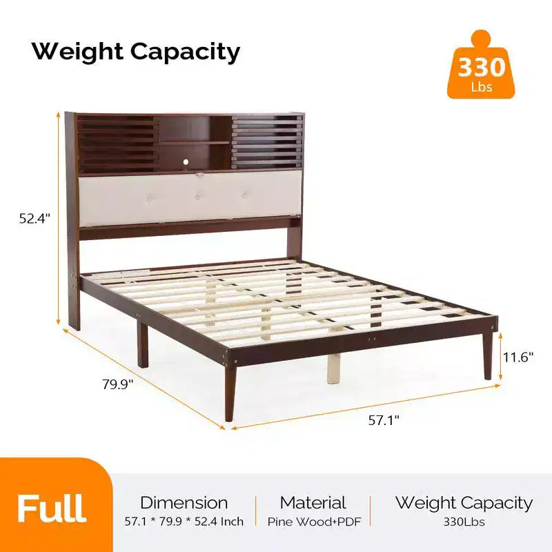 Karl Home - Cadre de lit de luxe en bois marron taille Full, lit plateforme avec tête de lit tapissée LED et station de recharge