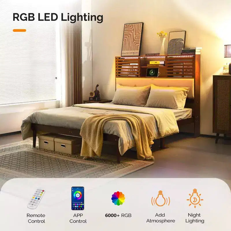 Karl Home - Cadre de lit de luxe en bois marron taille Full, lit plateforme avec tête de lit tapissée LED et station de recharge