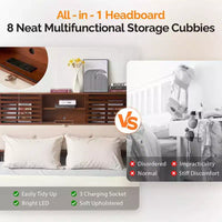 Karl Home - Cadre de lit de luxe en bois marron taille Full, lit plateforme avec tête de lit tapissée LED et station de recharge