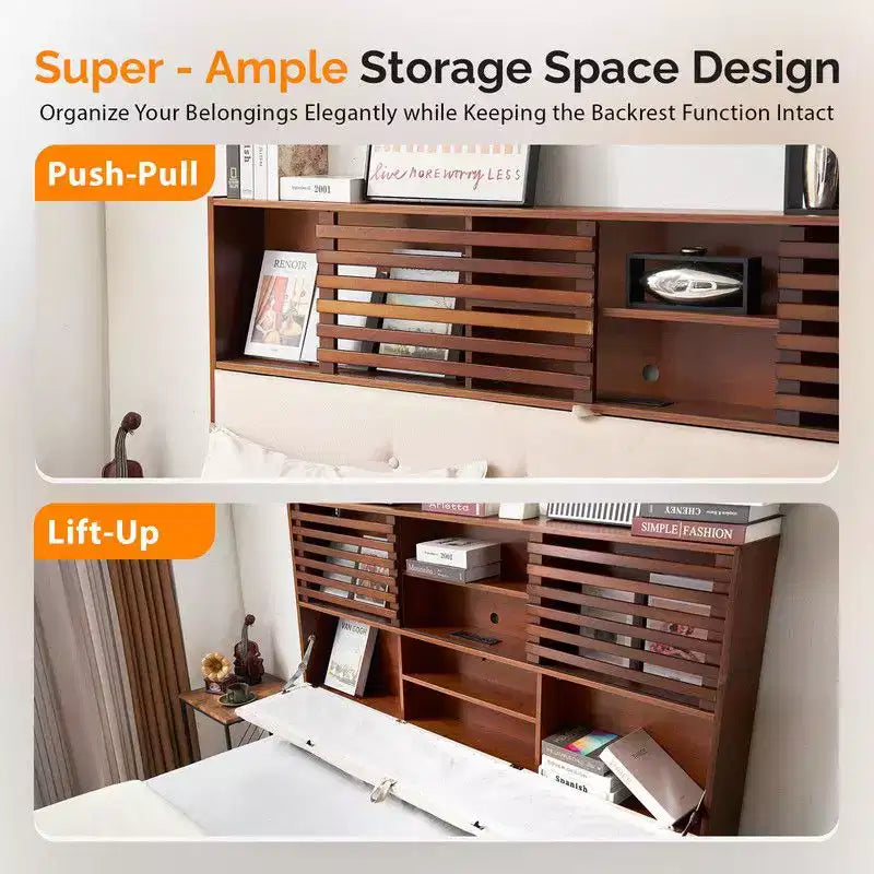 Karl Home - Cadre de lit de luxe en bois marron taille Full, lit plateforme avec tête de lit tapissée LED et station de recharge