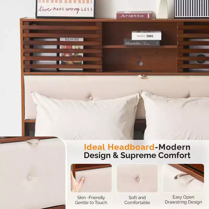 Karl Home - Cadre de lit de luxe en bois marron taille Full, lit plateforme avec tête de lit tapissée LED et station de recharge
