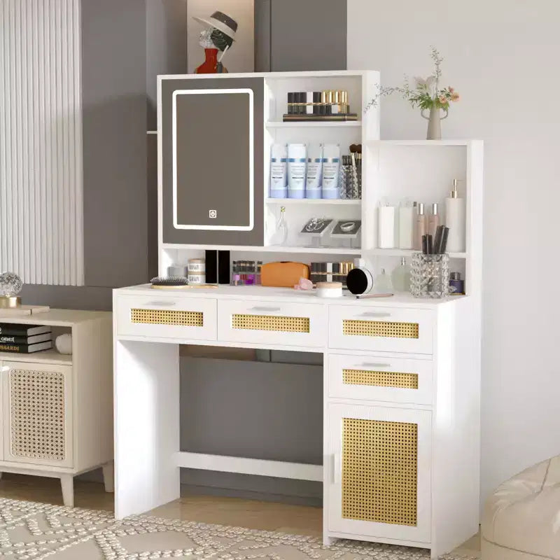 Coiffeuse Okak avec Lumières, Éclairage LED 3 Couleurs & Miroir Rabattable, Coiffeuse 4 Tiroirs avec Système de Rangement Armoire-Étagère, Blanc