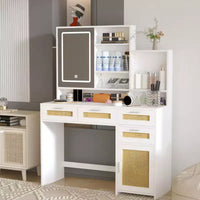 Coiffeuse Okak avec Lumières, Éclairage LED 3 Couleurs & Miroir Rabattable, Coiffeuse 4 Tiroirs avec Système de Rangement Armoire-Étagère, Blanc