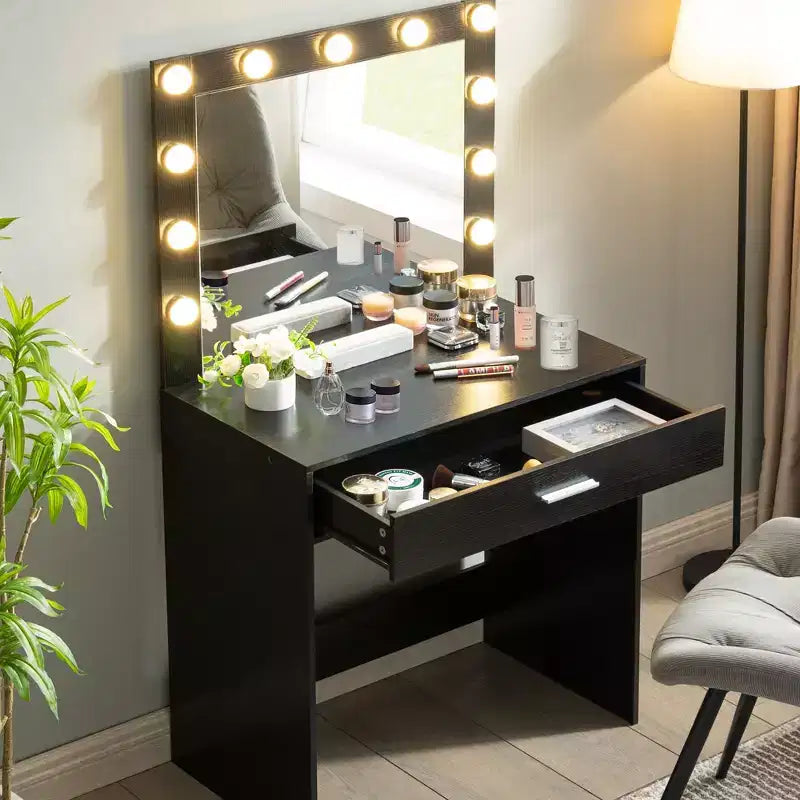 Okak coiffeuse avec tiroirs spacieux et lumières, ensemble coiffeuse et tabouret avec compartiment de rangement et éclairage à 3 niveaux de luminosité réglable, noir