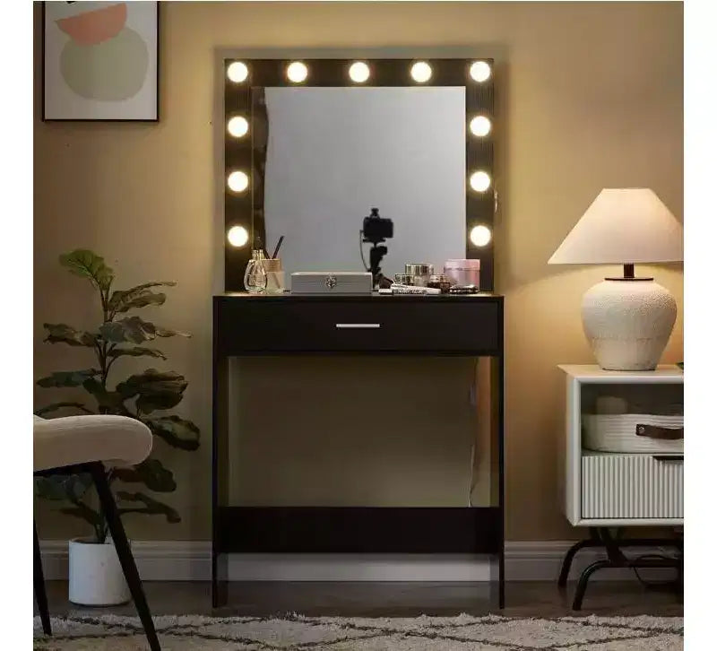 Okak coiffeuse avec tiroirs spacieux et lumières, ensemble coiffeuse et tabouret avec compartiment de rangement et éclairage à 3 niveaux de luminosité réglable, noir