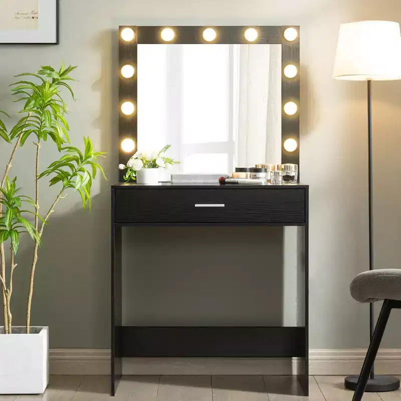 Okak coiffeuse avec tiroirs spacieux et lumières, ensemble coiffeuse et tabouret avec compartiment de rangement et éclairage à 3 niveaux de luminosité réglable, noir