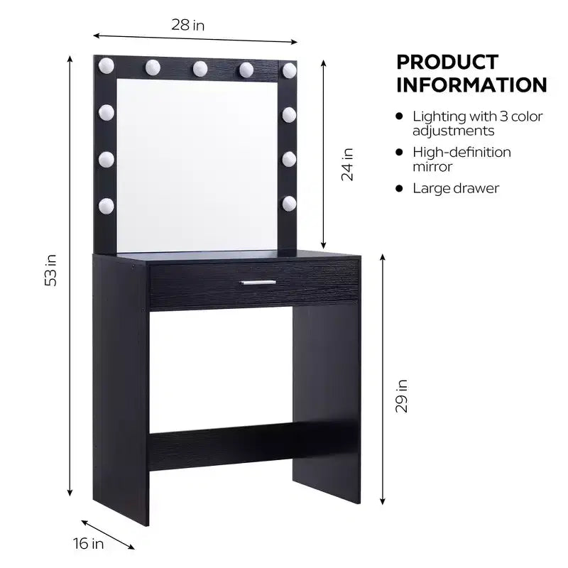 Okak coiffeuse avec tiroirs spacieux et lumières, ensemble coiffeuse et tabouret avec compartiment de rangement et éclairage à 3 niveaux de luminosité réglable, noir