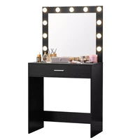 Okak coiffeuse avec tiroirs spacieux et lumières, ensemble coiffeuse et tabouret avec compartiment de rangement et éclairage à 3 niveaux de luminosité réglable, noir