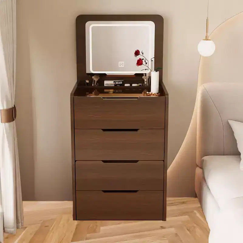 Okak ensemble coiffeuse et tabouret 3-en-1 23.6 avec miroir à rabat, coiffeuse de maquillage compacte avec plateau en verre visible et 3 tiroirs, noyer