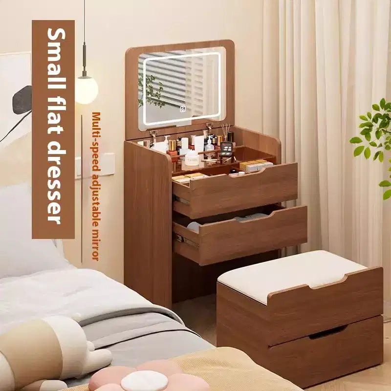Okak ensemble coiffeuse et tabouret 3-en-1 23.6 avec miroir à rabat, coiffeuse de maquillage compacte avec plateau en verre visible et 3 tiroirs, noyer