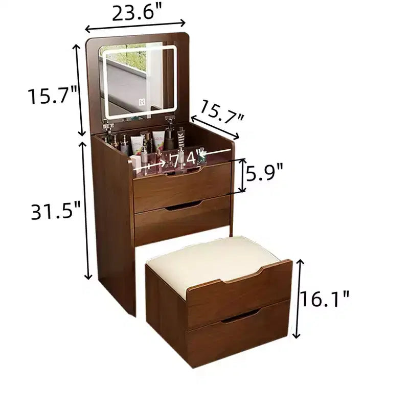 Okak ensemble coiffeuse et tabouret 3-en-1 23.6 avec miroir à rabat, coiffeuse de maquillage compacte avec plateau en verre visible et 3 tiroirs, noyer