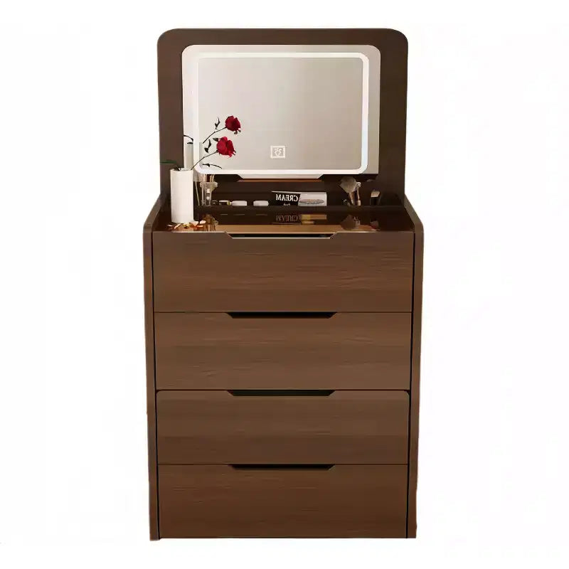 Okak ensemble coiffeuse et tabouret 3-en-1 23.6 avec miroir à rabat, coiffeuse de maquillage compacte avec plateau en verre visible et 3 tiroirs, noyer