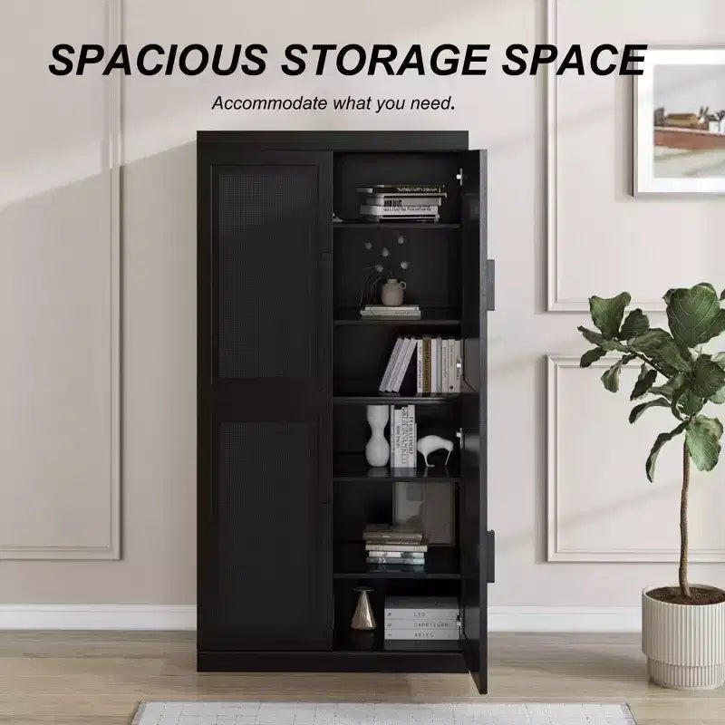 Armoire de rangement décorative à 6 étages 62 grain de bois noir avec porte en osier