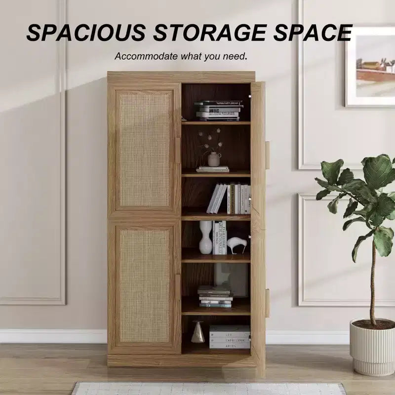 Armoire de rangement décorative à 6 étages 62 grain de bois noir avec porte en osier