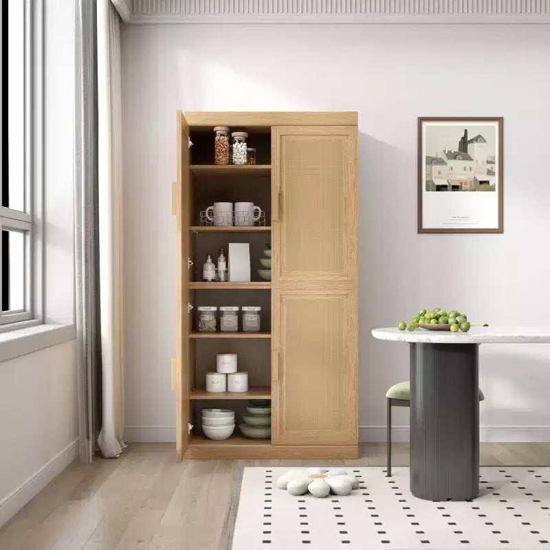 Armoire de rangement décorative à 6 étages 62 grain de bois noir avec porte en osier