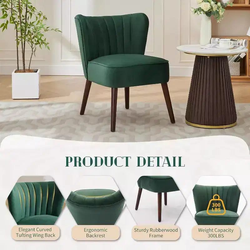 Fauteuil d'appoint moderne en velours, design sans accoudoirs, capacité 300lbs avec pieds en bois pour salon, chambre et bureau (noir/vert/beige)