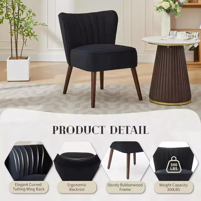 Fauteuil d'appoint moderne en velours, design sans accoudoirs, capacité 300lbs avec pieds en bois pour salon, chambre et bureau (noir/vert/beige)