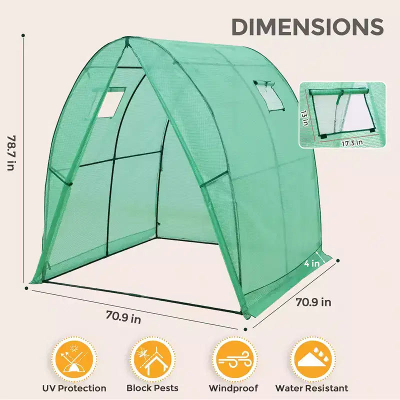 Serre tunnel EAGLE PEAK 70,9x70,9x78,7 avec porte zippée et 2 fenêtres latérales enroulables, Transparent/Vert
