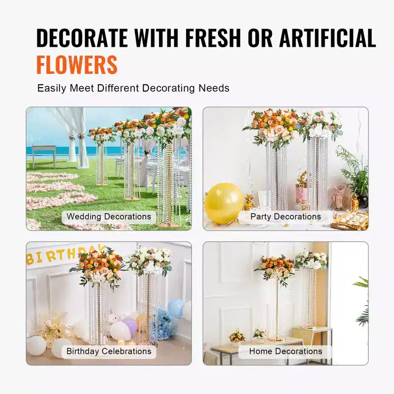 VEVOR 10 PIÈCES 90 cm Hauteur Support de Fleurs de Mariage en Cristal, Vases à Fleurs de Luxe Centres de Table Vase en Cristal Doré Métal, Parfait pour Scène de Mariage Fête