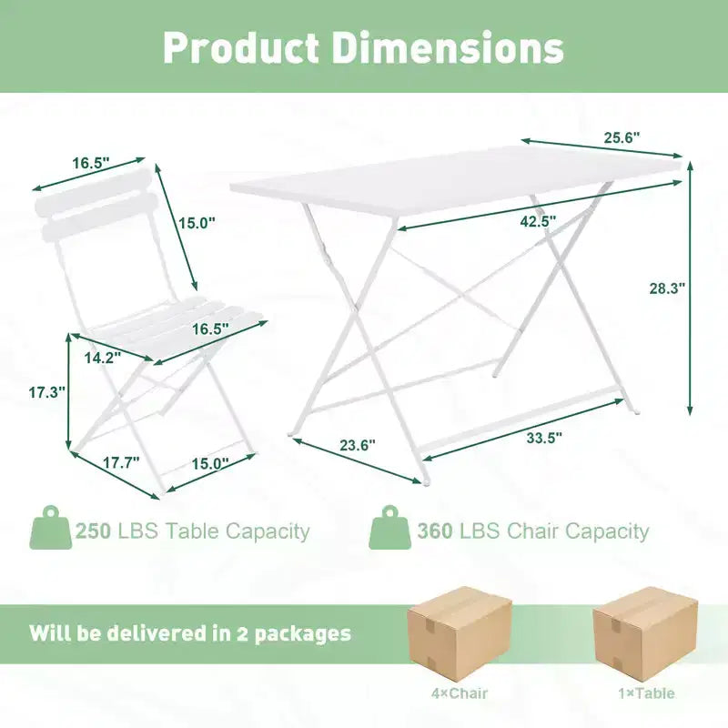 EROMMY Ensemble bistro de patio pliable 5 pièces avec table rectangulaire et chaises, ensemble repas d'extérieur en fer résistant aux intempéries pour 4 personnes