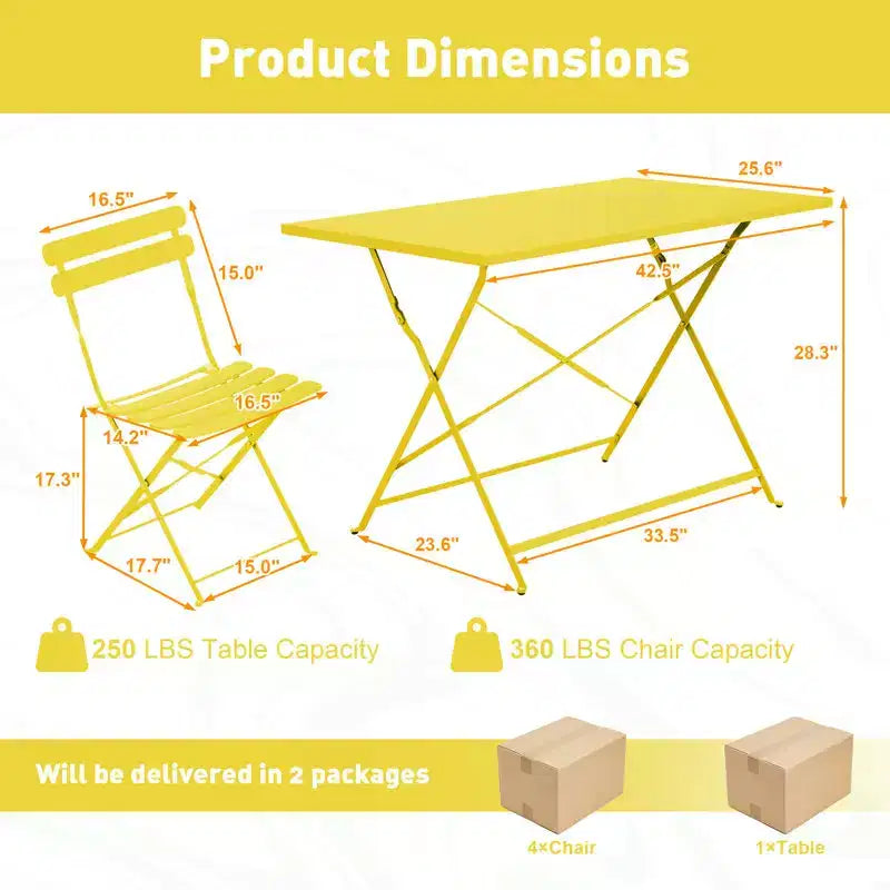 EROMMY Ensemble bistro de patio pliable 5 pièces avec table rectangulaire et chaises, ensemble repas d'extérieur en fer résistant aux intempéries pour 4 personnes