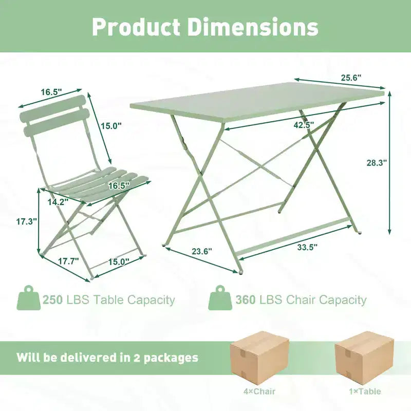 EROMMY Ensemble bistro de patio pliable 5 pièces avec table rectangulaire et chaises, ensemble repas d'extérieur en fer résistant aux intempéries pour 4 personnes