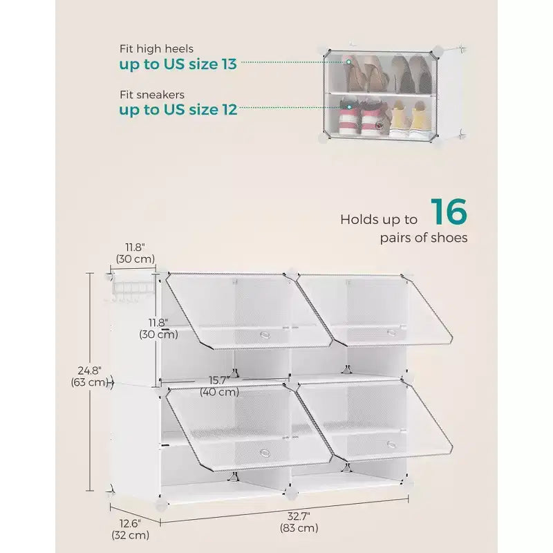 Organisateur range-chaussures réglable à 4 niveaux, armoire de rangement gain de place contient 16 paires, blanc