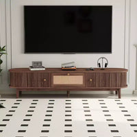 Meuble TV moderne 75 avec tiroir en rotin et portes coulissantes, console multimédia élégante centre de divertissement en bois avec 2 armoires de rangement, brun foncé - HABITRIO