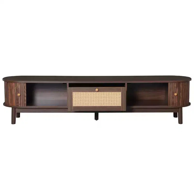 Meuble TV moderne 75 avec tiroir en rotin et portes coulissantes, console multimédia élégante centre de divertissement en bois avec 2 armoires de rangement, brun foncé - HABITRIO