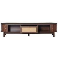 Meuble TV moderne 75 avec tiroir en rotin et portes coulissantes, console multimédia élégante centre de divertissement en bois avec 2 armoires de rangement, brun foncé - HABITRIO