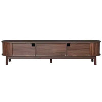 Meuble TV moderne 75 avec tiroir en rotin et portes coulissantes, console multimédia élégante centre de divertissement en bois avec 2 armoires de rangement, brun foncé - HABITRIO
