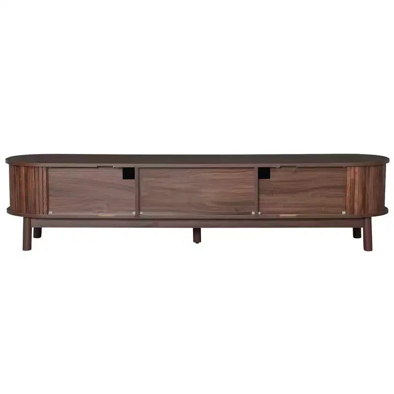 Meuble TV moderne 75 avec tiroir en rotin et portes coulissantes, console multimédia élégante centre de divertissement en bois avec 2 armoires de rangement, brun foncé - HABITRIO