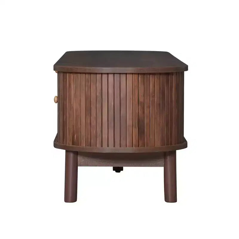 Meuble TV moderne 75 avec tiroir en rotin et portes coulissantes, console multimédia élégante centre de divertissement en bois avec 2 armoires de rangement, brun foncé - HABITRIO