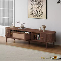 Meuble TV moderne 75 avec tiroir en rotin et portes coulissantes, console multimédia élégante centre de divertissement en bois avec 2 armoires de rangement, brun foncé - HABITRIO