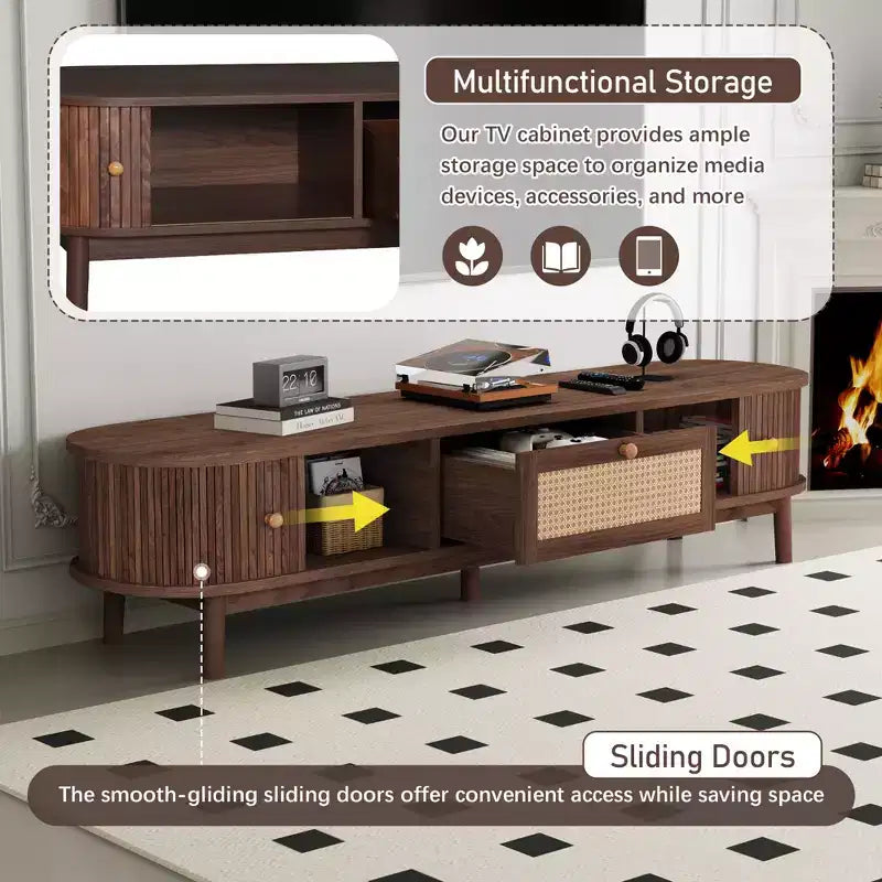 Meuble TV moderne 75 avec tiroir en rotin et portes coulissantes, console multimédia élégante centre de divertissement en bois avec 2 armoires de rangement, brun foncé - HABITRIO