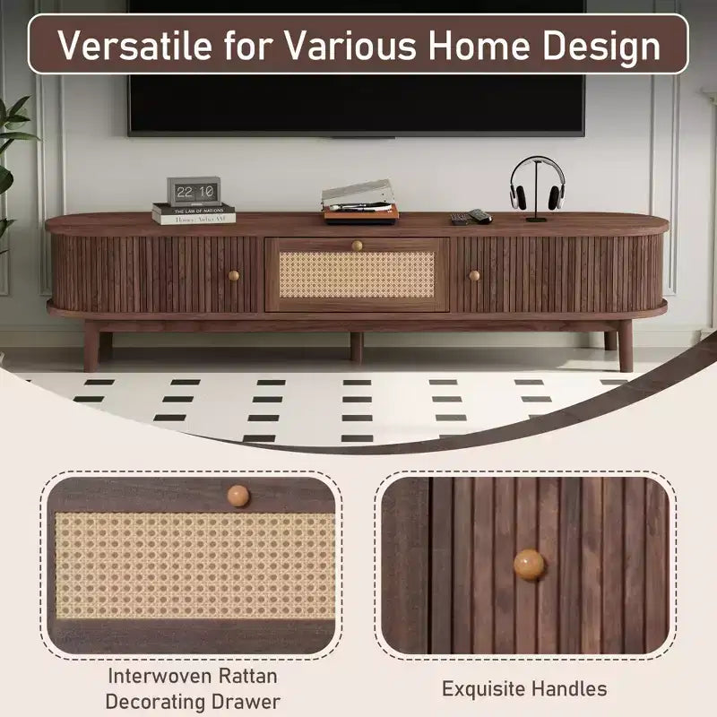 Meuble TV moderne 75 avec tiroir en rotin et portes coulissantes, console multimédia élégante centre de divertissement en bois avec 2 armoires de rangement, brun foncé - HABITRIO
