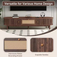 Meuble TV moderne 75 avec tiroir en rotin et portes coulissantes, console multimédia élégante centre de divertissement en bois avec 2 armoires de rangement, brun foncé - HABITRIO