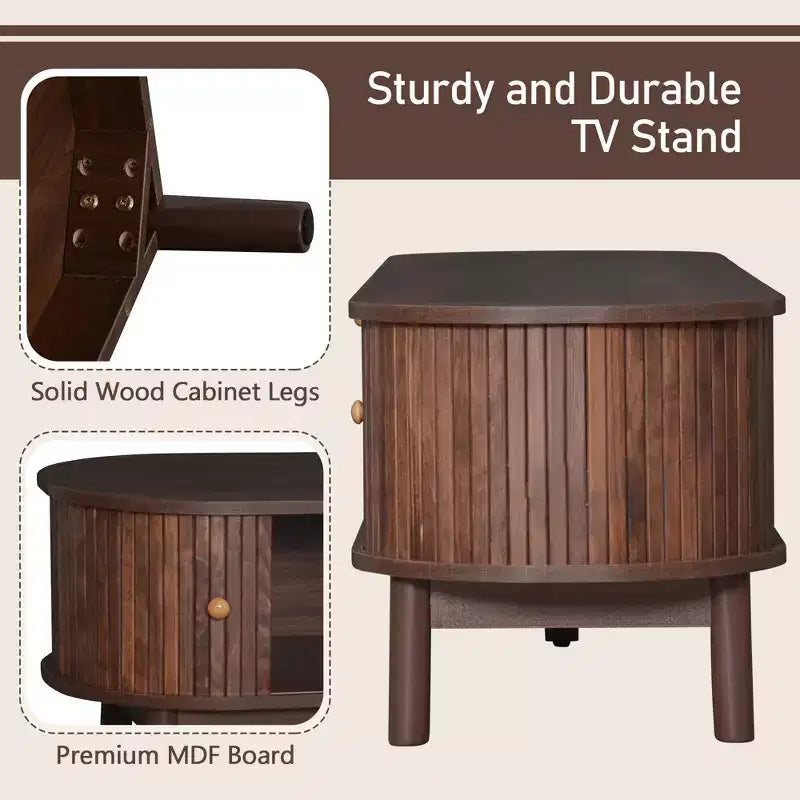 Meuble TV moderne 75 avec tiroir en rotin et portes coulissantes, console multimédia élégante centre de divertissement en bois avec 2 armoires de rangement, brun foncé - HABITRIO
